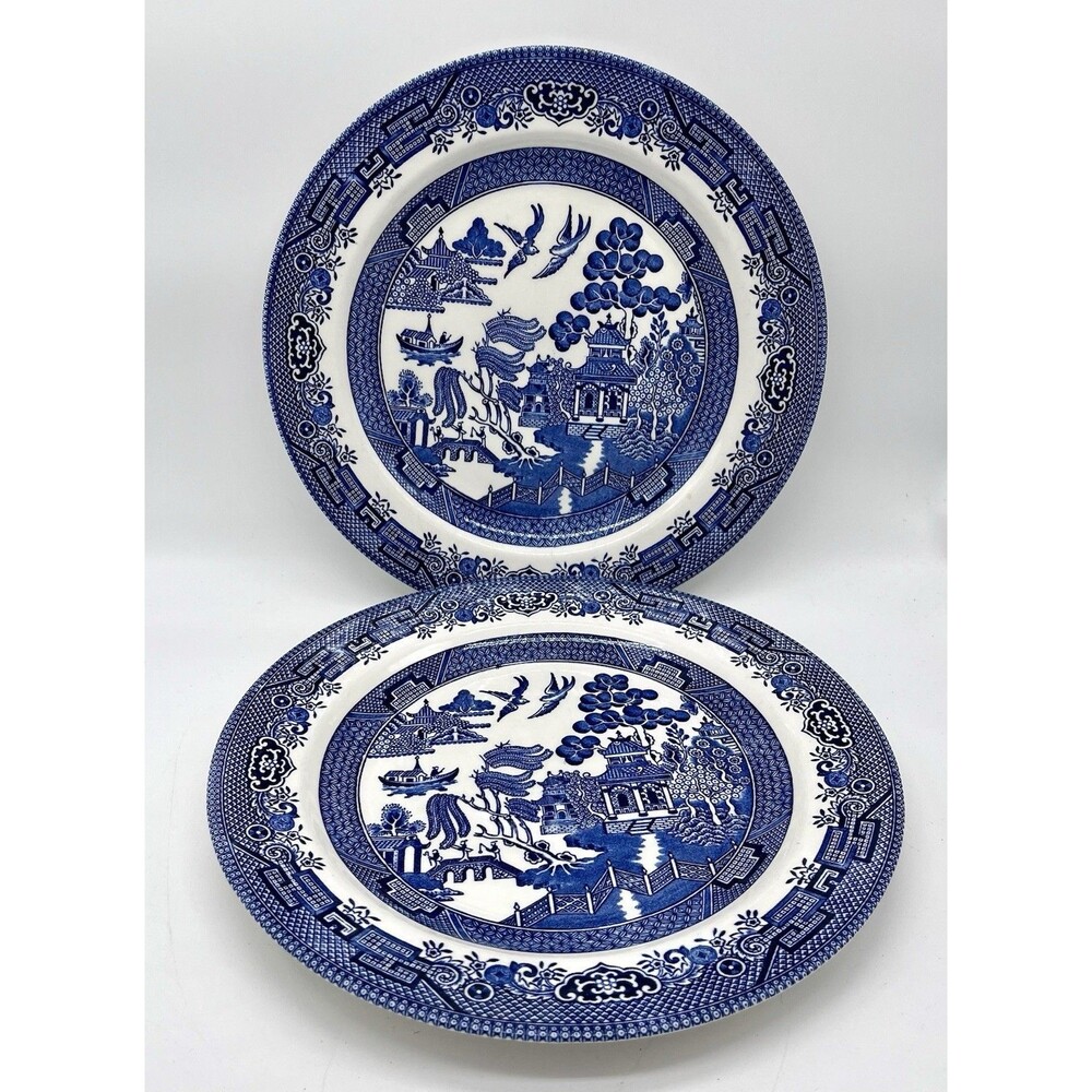 2 Churchill Blue Willow Dinner Plates (10 3/8")